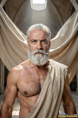 Under an arched skylight, a gray-haired man with a beard stands in a beige cloth toga