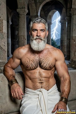 Sitting shirtless, a muscular gray-haired man with a beard rests before stone arches and lightning