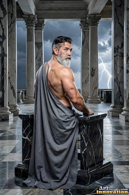 Man with a silver beard sits in a toga near marble pillars and lightning