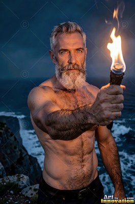A full silver beard marks a bare-chested man holding a burning torch above dark ocean waves