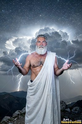 A man with a beard holds lightning in his open hands before bright clouds at night