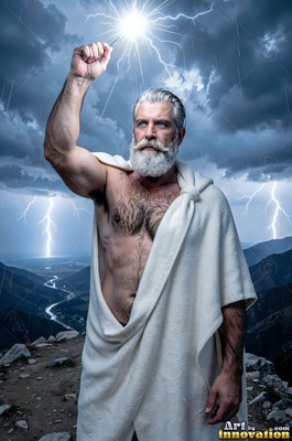 Standing on a mountain, a full-bearded man dressed in a white robe holds a bolt of lightning
