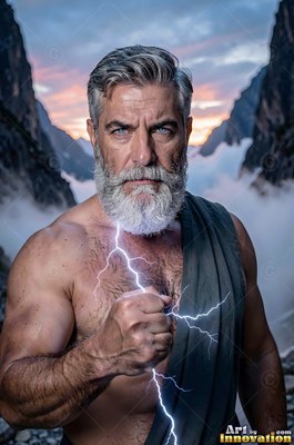 A man with a beard clenches a fist of blue lightning in high mountain cliffs
