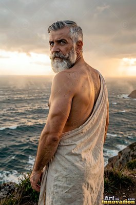 Looking over his shoulder, a silver-bearded man in a light robe stands by the sea