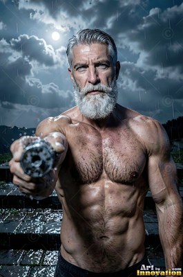 White-bearded shirtless strong man points a dark cylinder forward on wet stone steps under rain