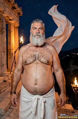 A man with a beard stands shirtless by ancient pillars under warm torchlight