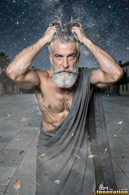 Clutching his gray hair in a plaza, a full-bearded man wears a gray toga under stars