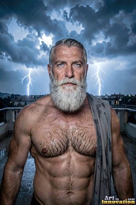A shirtless muscular man with a graying beard stands on a terrace under a stormy sky