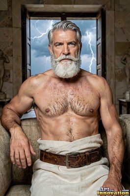 Before a stormy doorway, a shirtless silver-full-bearded man sits in a chair