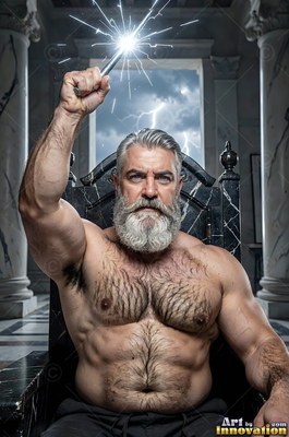 With a thick silver beard, an athletic man holds a lightning bolt on a temple terrace