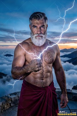 A bearded man holds white lightning in his fist above the clouds at sunset