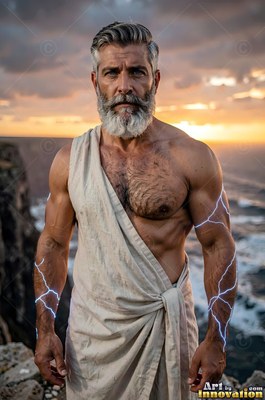 Standing by the sea at sunset, a man sporting a beard wears a white robe with lightning on his arms