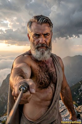 A bearded gray-haired man holds a rod on a cloudy mountain peak