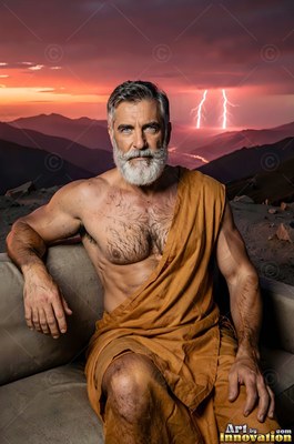 On a mountain before lightning, a silver-bearded man sits in an orange robe