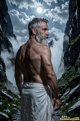 Looking back over his shoulder, a bare-chested man sporting a beard stands in a mountain pass at night