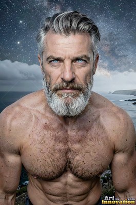A thick silver beard marks a shirtless, strong man standing before the sea under a starry night sky