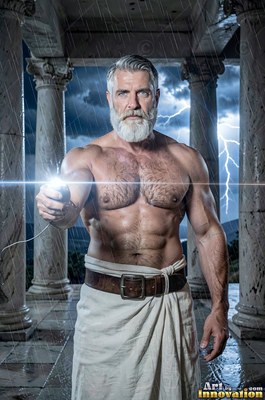 A muscular man stands in the rain holding a bright spark of light
