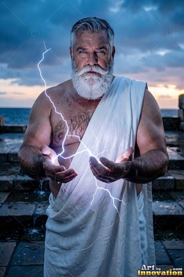 Facing forward by the sea, an older man holds lightning in his hands