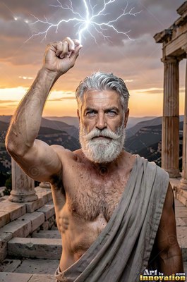 A bearded man in a gray tunic holds bright white lightning in his raised hand