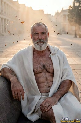 On a sunlit stone street, a muscular gray-bearded man sits in a white robe