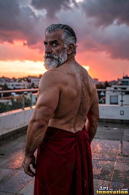 Looking back over his shoulder, a shirtless bearded man stands on a terrace at sunset