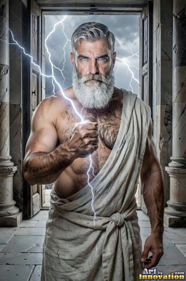 A man with a beard in a white robe holds a bolt of lightning