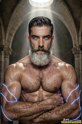 A trimmed silver beard on a broad-shouldered man with blue lightning on his arms under a skylight