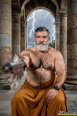 A man sporting a beard points a staff forward under pale lightning between stone arches