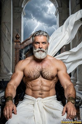 Seated on a throne, a muscular man who has a beard rests before a stormy sky