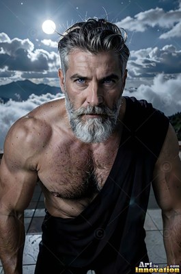 A muscular man with a graying beard leans forward on a mountain terrace under a full moon