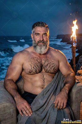 By a dark sea, a shirtless bearded man in a gray robe sits near a torch