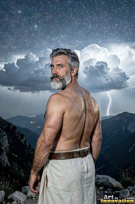 Looking over his bare shoulder, a gray-bearded man stands before lightning clouds