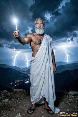 Man with a beard in a white robe holds a lit bolt over dark hills