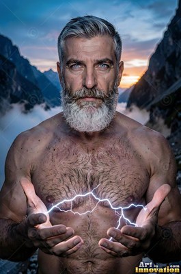 A thick white beard covers a shirtless man holding lightning in mountain mist