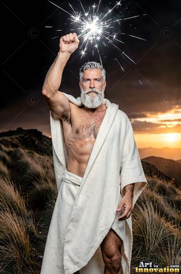 A man who has a beard wrapped in a white robe holds a sparkling light overhead beneath an orange sunset sky