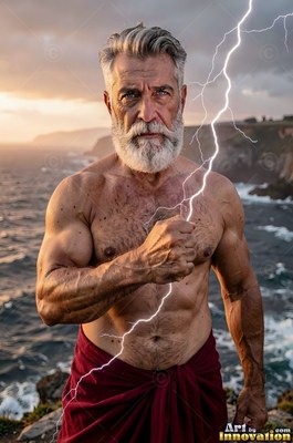 Standing on a coastal cliff, a bare-chested man sporting a beard grips lightning in his fist