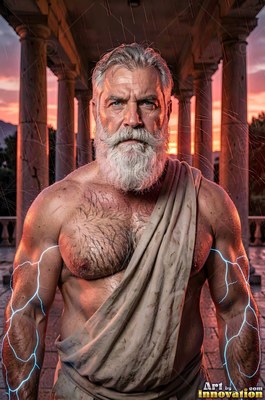A muscular bearded man in a tan sash stands outside with lightning on his arms