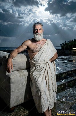On a wet stone terrace under storm clouds, a bearded man stands in a white toga