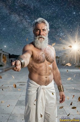 A full-bearded man dressed in a white wrap points a staff under a starry sky