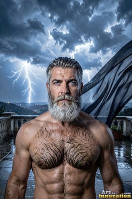 A full silver beard marks a shirtless muscular man standing on a stone terrace under storm clouds with lightning