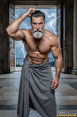 A muscular man with a gray beard scratches his head before a bright lightning bolt
