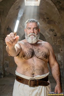 Facing forward in a stone hall, a shirtless man points a small bright rod