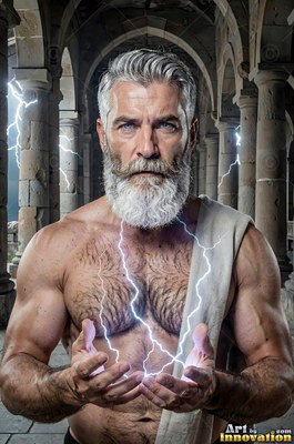 A man who has a beard with lightning sparks between his open hands inside a stone hall