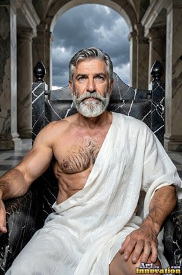 On a stone terrace, a gray-haired man sporting a beard in a white robe sits on a dark throne