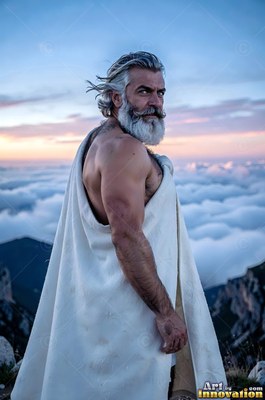 Standing on a mountain peak, a bearded man in a white cloak looks back above sunset clouds