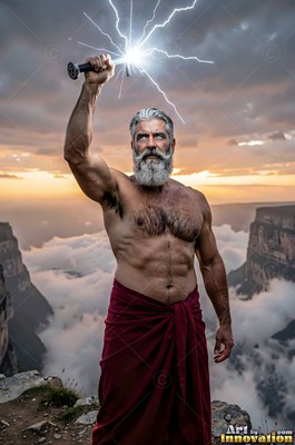 A bearded man in a red wrap holds up lightning on a cliff peak