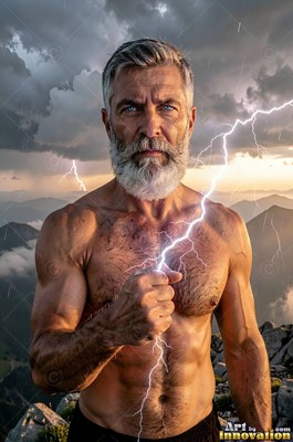 A gray-bearded shirtless man holds a bolt of white lightning on a rocky peak under storm clouds
