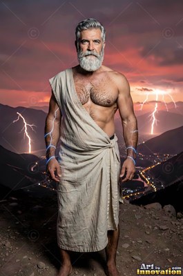 A bearded man stands on a mountain as lightning strikes behind a red sky
