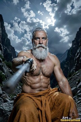 Crouching in a rocky canyon, a man who has a beard points a sword forward
