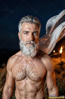 A shirtless man with a thick pale gray beard stands outdoors as white fabric blows behind him
